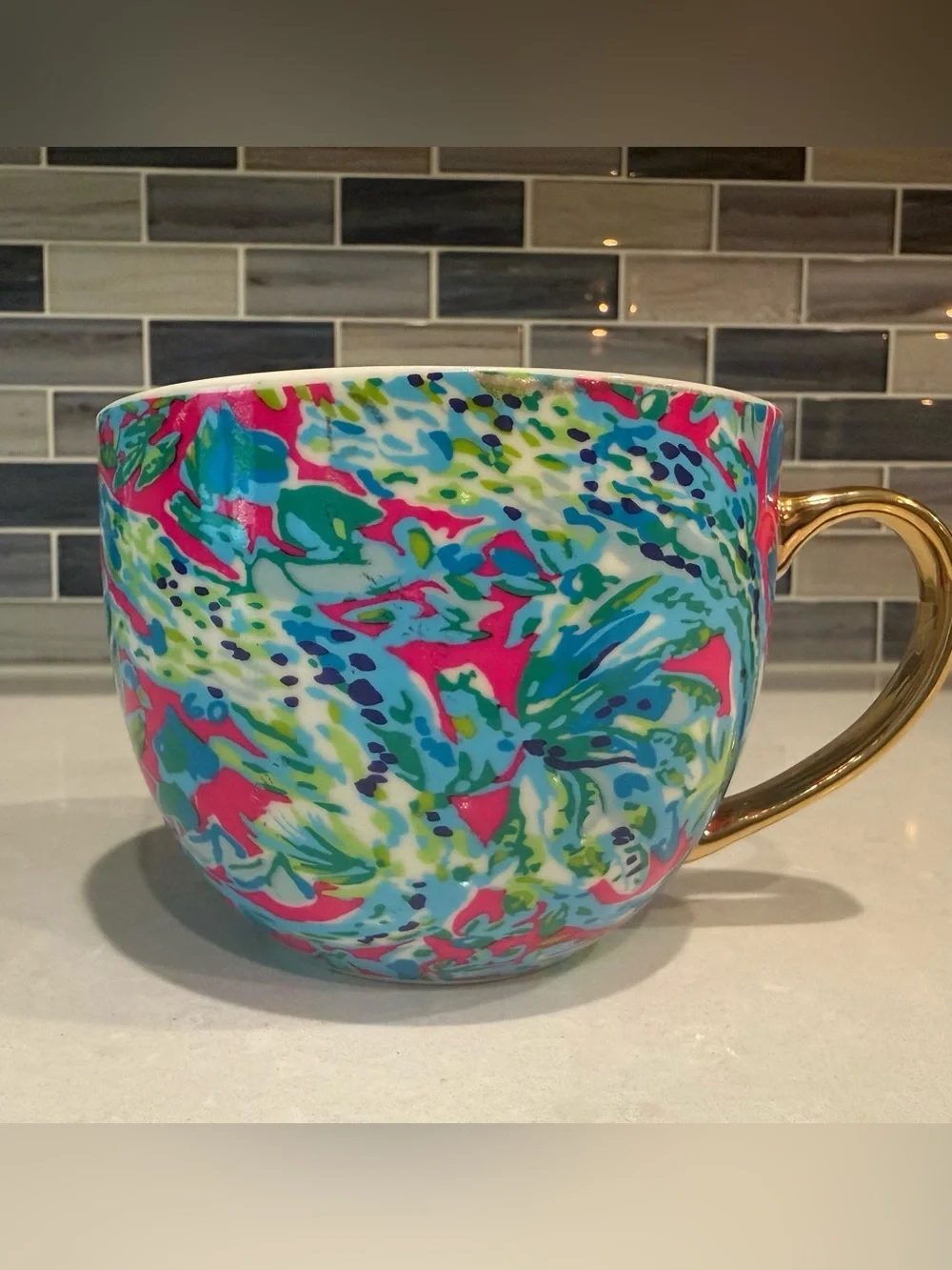 Lilly Pulitzer Oversized Coffee Mug Gold Handle Tropical Print